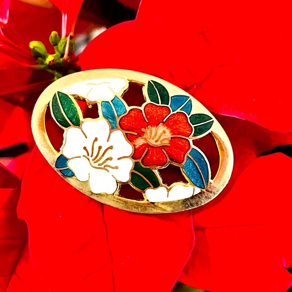 Vintage Cloisonne Floral Design Brooch - Picture 3 of 10